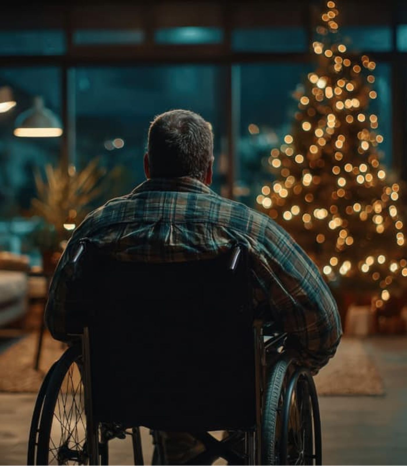 man in wheelchair in ada addition around holidays
